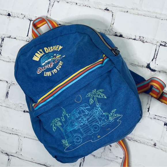 Walt Disney World Mickey & friends Surf Co. denim rainbow strap backpack - Picture 9 of 15